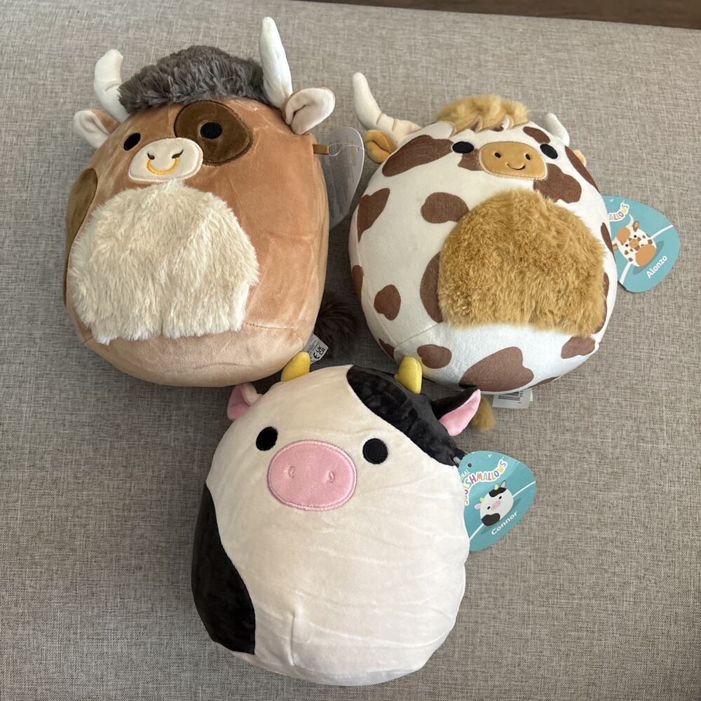Lot Of 3 Squishmallow Cows 7.5 Inch NWT Connor, Alonzo, And Shep